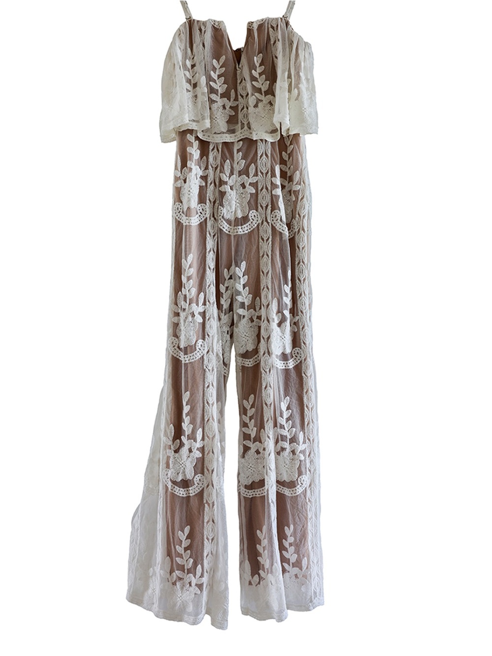 Aakaa Taupe Jumpsuit with White Floral Lace Overlay